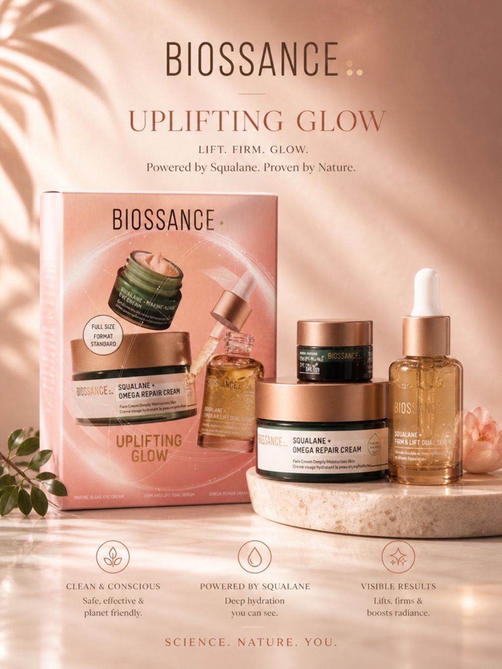 Biossance Uplifting Glow Set - full size omega cream, eye cream and serum